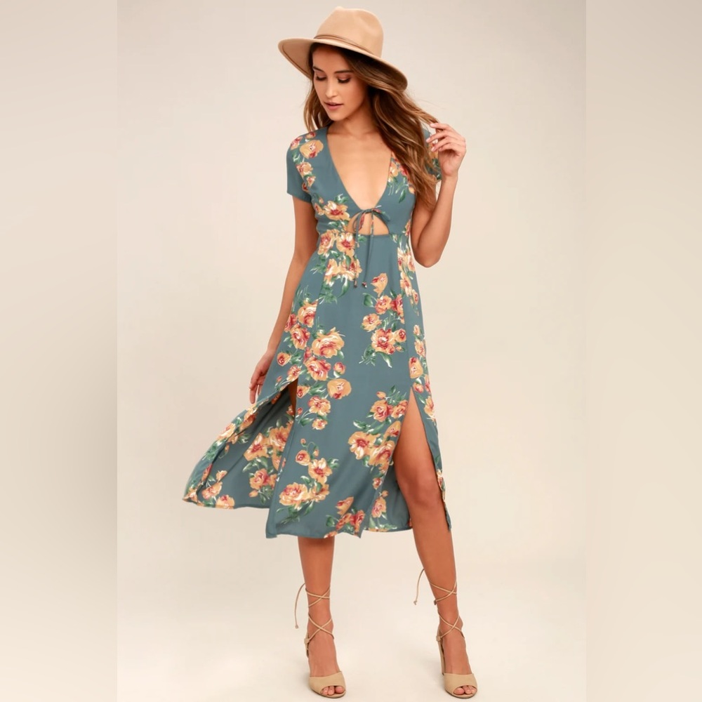 Lulus Dusty Sage Floral Print Midi Dress